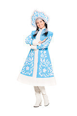 Image showing Playful brunette posing in snow maiden costume