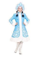 Image showing Young brunette in snow maiden costume