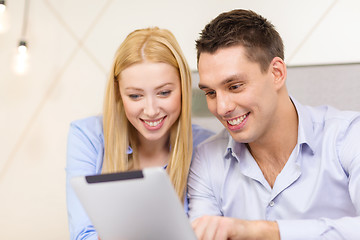 Image showing couple with tablet pc computer in hotel room