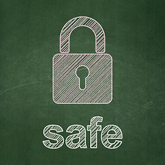 Image showing Protection concept: Closed Padlock and Safe on chalkboard background