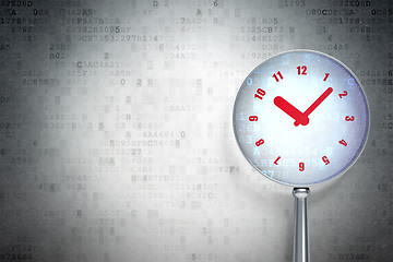 Image showing Timeline concept:  Clock with optical glass on digital background