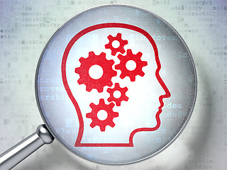 Image showing Finance concept: Head With Gears with optical glass on digital background