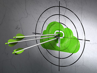 Image showing Cloud technology concept: arrows in Cloud With Key target on wall background