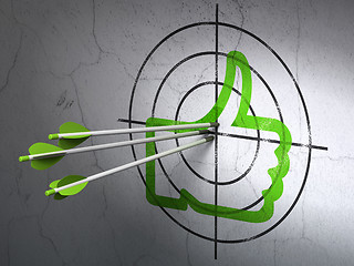 Image showing Social network concept: arrows in Thumb Up target on wall background