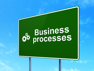 Image showing Finance concept: Business Processes and Gears on road sign background