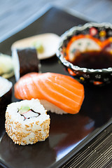 Image showing Sushi plate with soy sauce