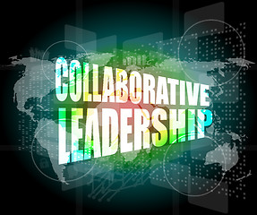 Image showing collaborative leadership review on touch screen, media communication on the internet