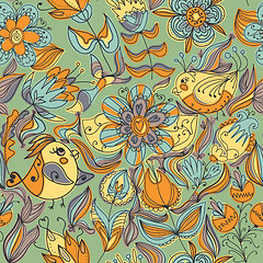 Image showing Seamless texture with flowers and birds