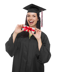 Image showing Female Graduate Holding Stack of Gift Wrapped Hundred Dollar Bil