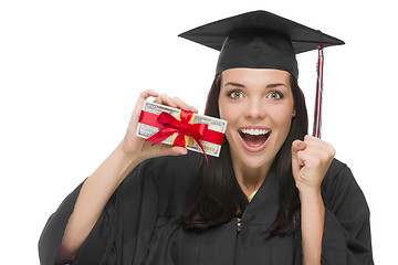 Image showing Female Graduate Holding Stack of Gift Wrapped Hundred Dollar Bil