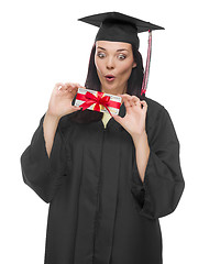 Image showing Female Graduate Holding Stack of Gift Wrapped Hundred Dollar Bil