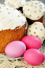 Image showing Easter cakes and eggs closeup.