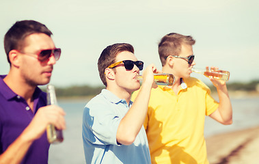 Image showing friends on the beach with bottles of drink