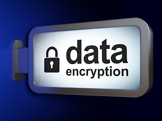 Image showing Security concept: Data Encryption and Closed Padlock on billboard background