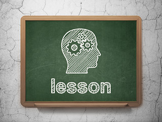 Image showing Education concept: Head With Gears and Lesson on chalkboard background