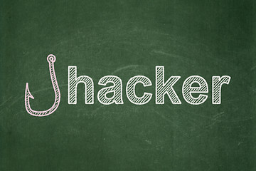 Image showing Protection concept: Fishing Hook and Hacker on chalkboard background