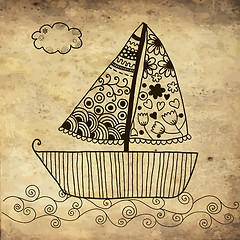 Image showing Boat floating on the sea background on grunge paper