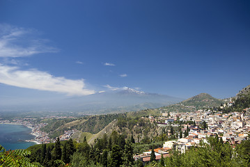 Image showing panoramic view of taormina and mt. etna