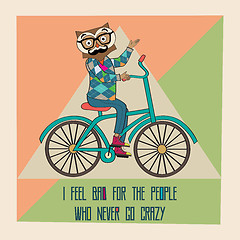 Image showing Hipster poster with nerd owl riding bike