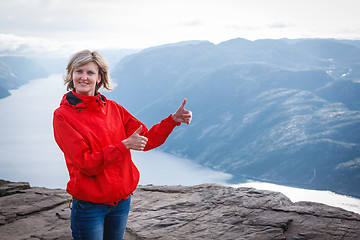 Image showing Woman hiker on Pulpit Rock / Preikestolen, Norway