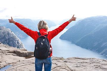 Image showing Woman hiker on Pulpit Rock / Preikestolen, Norway