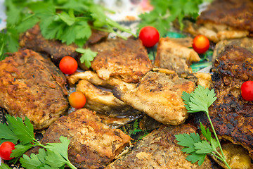 Image showing Fried slices of chicken, tomatoes and parsley leaves.