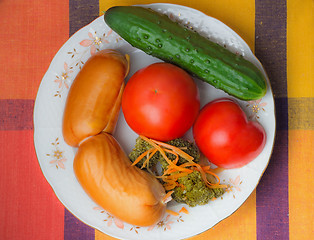 Image showing Two big sausages and vegetables on a white dish.