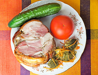 Image showing Smoked pork and vegetables on a white plate