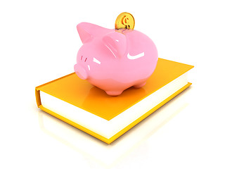 Image showing Piggy Bank with a gold dollar coin on book.