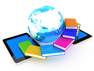 Image showing tablet pc and earth with colorful real books