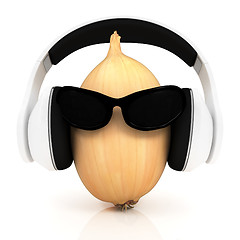 Image showing Ripe onion with sun glass and headphones front 