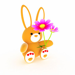 Image showing soft toy hare with a little red hearts on white paws and cosmos 