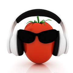 Image showing tomato with sun glass and headphones front 