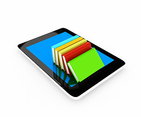 Image showing tablet pc and colorful real books