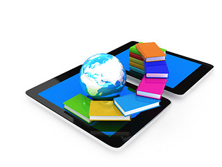 Image showing tablet pc and earth with colorful real books