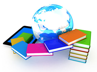 Image showing tablet pc and earth with colorful real books