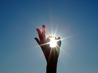 Image showing Silhouette of a female hand, the blue sky and the bright sun