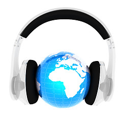 Image showing Blue earth with headphones from transparent plastic. World music