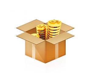 Image showing Gold dollar coins in cardboard box