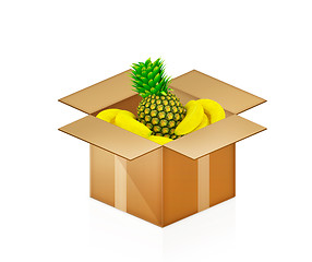 Image showing pineapple and bananas in cardboard box