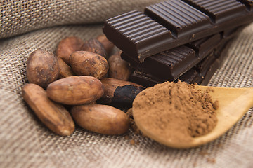 Image showing Cocoa (cacao) beans with chocolate