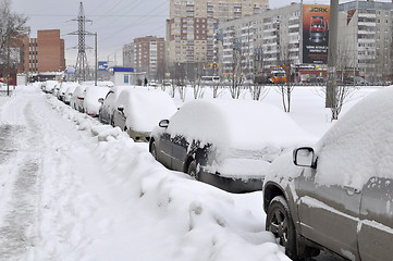 Image showing The cars brought by snow, stand on a road roadside.