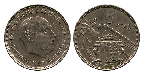 Image showing five pesetas, Spain, Francisco Franco, 1957