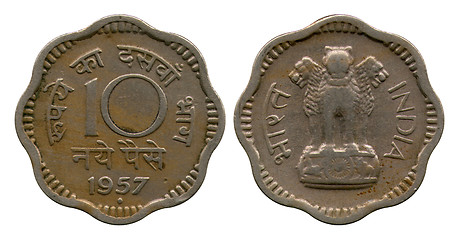 Image showing ten paise, copper-nickel, India, 1957