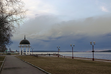 Image showing Cloudy sky on landscape of lake quay