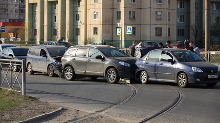 Image showing accident involving four cars at a crosswalk