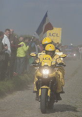 Image showing The Yellow Bike in the Dust- Paris Roubaix 2014