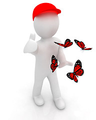 Image showing 3d man in a red peaked cap with thumb up and butterflies