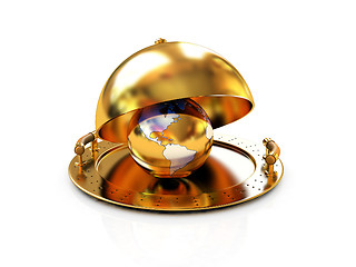 Image showing Earth globe on glossy golden salver dish under a golden cover