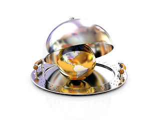 Image showing Earth globe on glossy salver dish under a cover